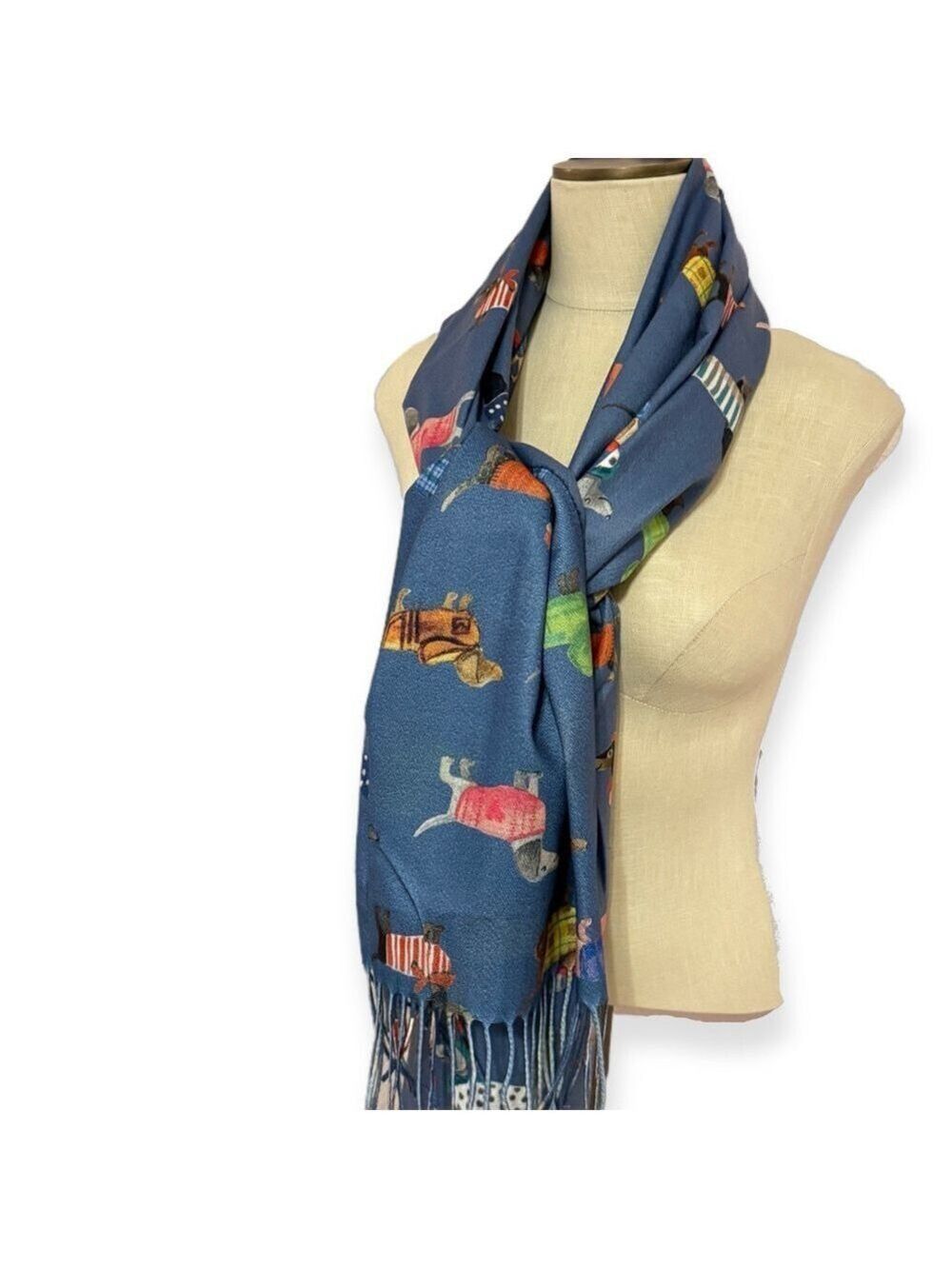 Dachshund Print Scarf Cashmere Feel Black Cream Blue NWT
